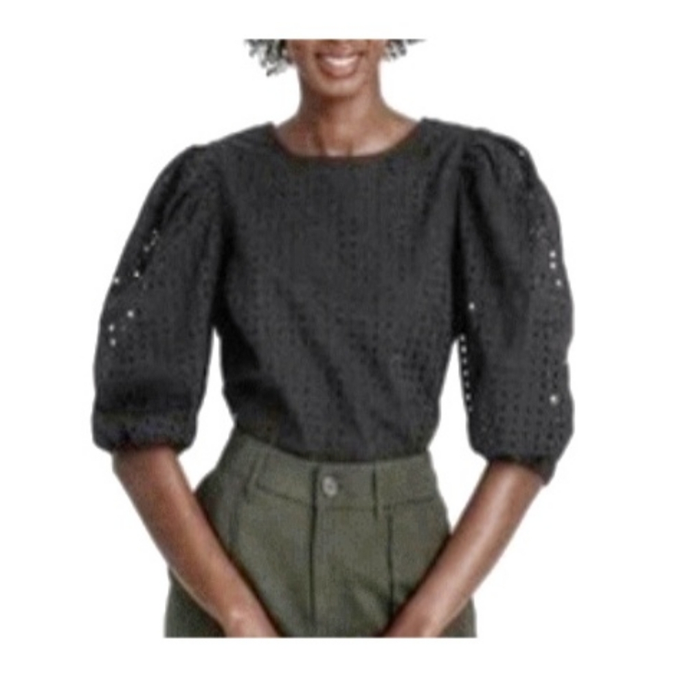 A New Day Puffy Sleeve Black Cotton Eyelet-Lace Puff-Sleeve Top Tie Blouse